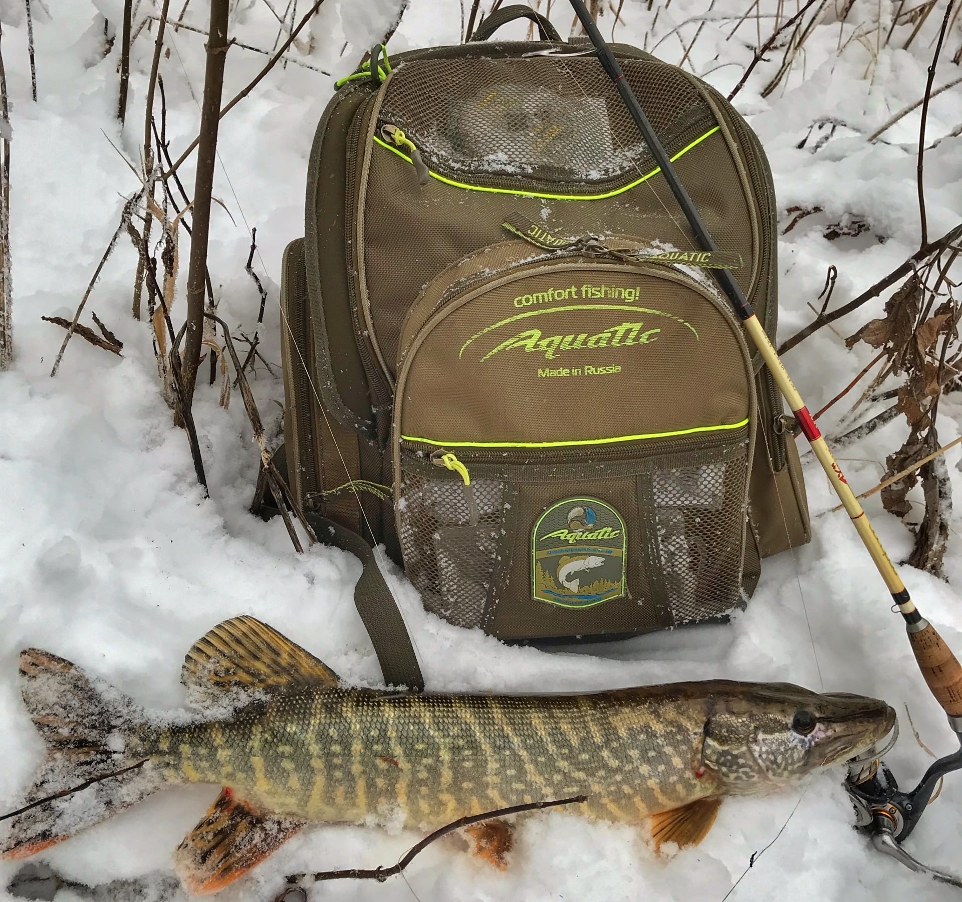 рыболовный рюкзак акватик р-33 на снегу с щукой и спиннингом
