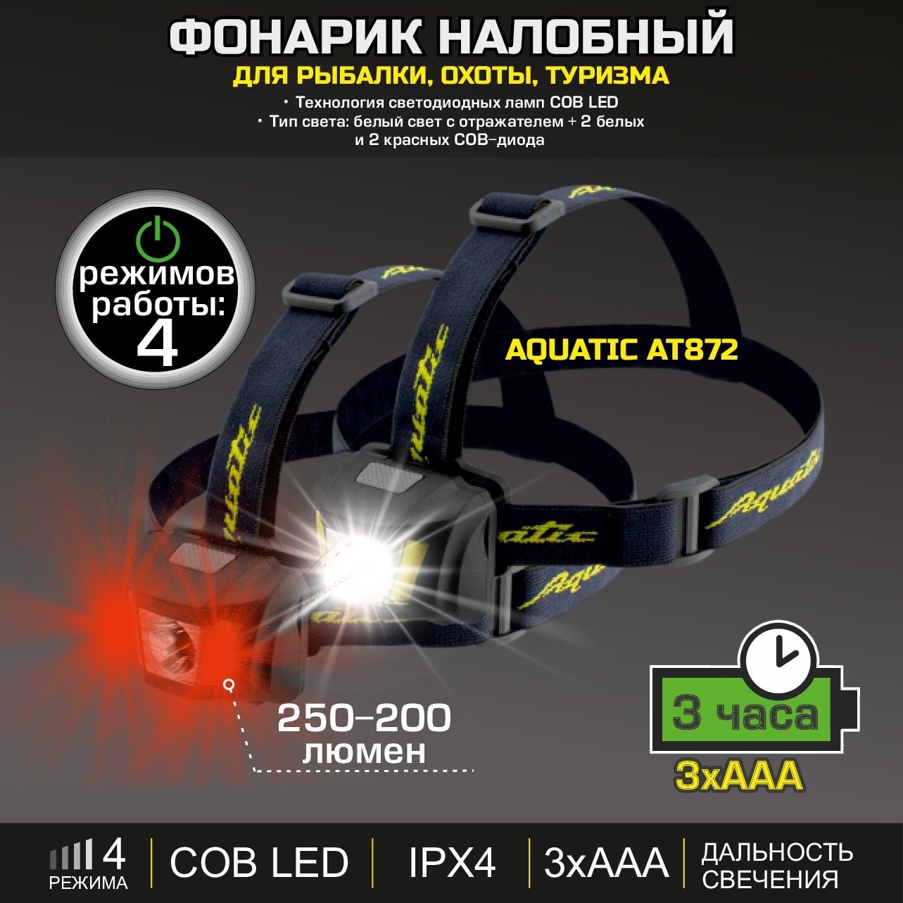 Налобный фонарик Aquatic AT872 тип света: COB LED - Aquatic